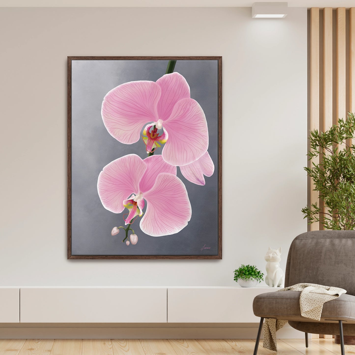 Modern living room featuring a delicate pink orchid canvas art by Lisane Art, with graceful blooms gently reaching toward the left against a soft grey background- framed in a deep espresso finish for a bold, sophisticated touch.