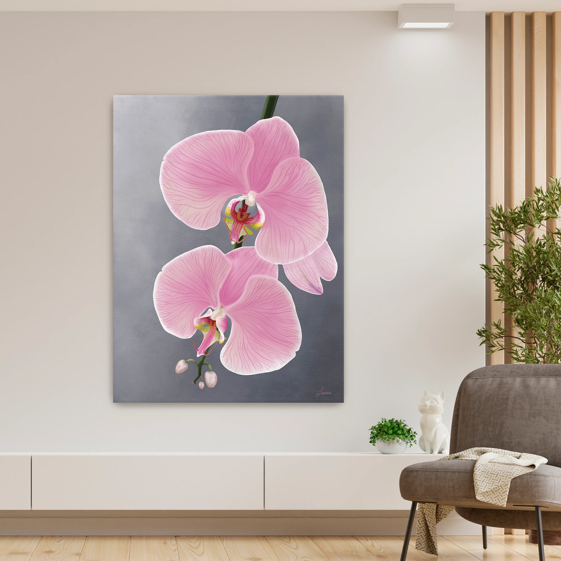 Modern living room featuring a delicate pink orchid canvas art by Lisane Art, with graceful blooms gently reaching toward the left against a soft grey background- displayed as a gallery-wrap unframed canvas.