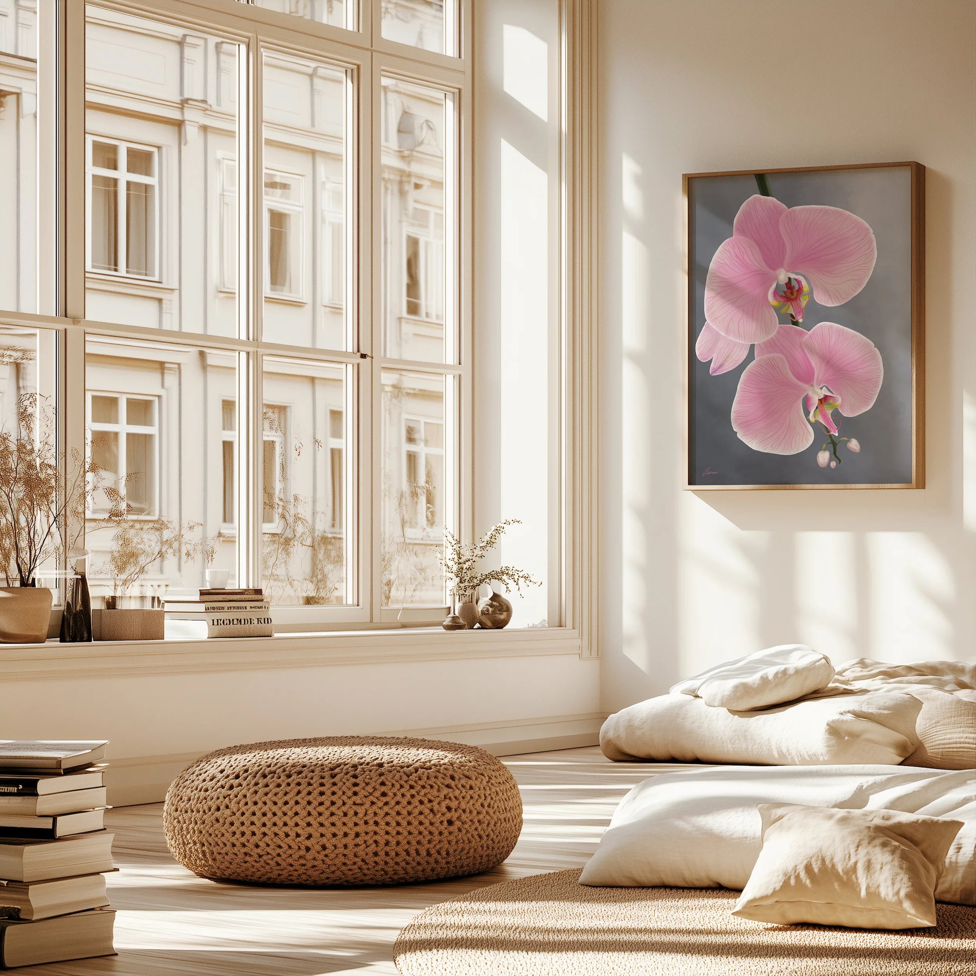 A bright, airy room with large windows, beige walls, and light wooden floors. A round woven pouf, floor cushions, stacked books, and vases with dried flowers decorate the space. Sunlight streams onto a pink orchid painting on gallery-wrapped canvas.