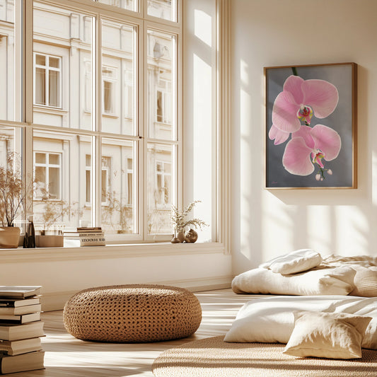 A bright, airy room with large windows, beige walls, and light wooden floors. A round woven pouf, floor cushions, stacked books, and vases with dried flowers decorate the space. Sunlight streams onto a pink orchid painting on gallery-wrapped canvas.