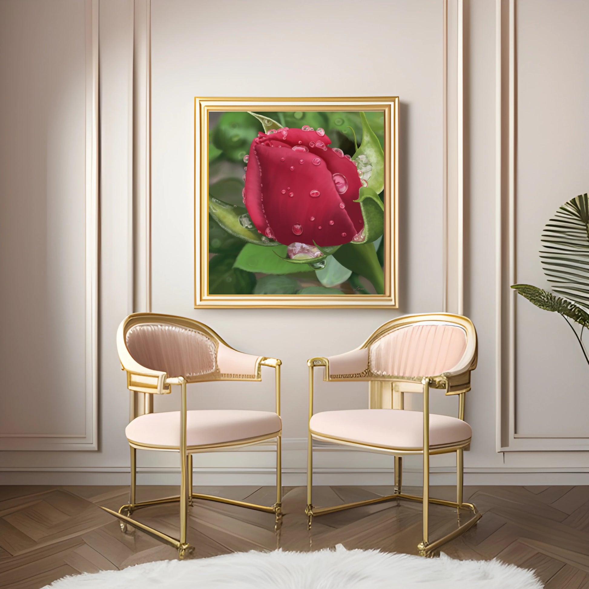 Two elegant gold and white chairs face each other in a stylish room with paneled walls. Above them hangs a romantic wall art piece—a red rose canvas with water droplets—framed by green leaves. A potted plant is visible at the right edge.