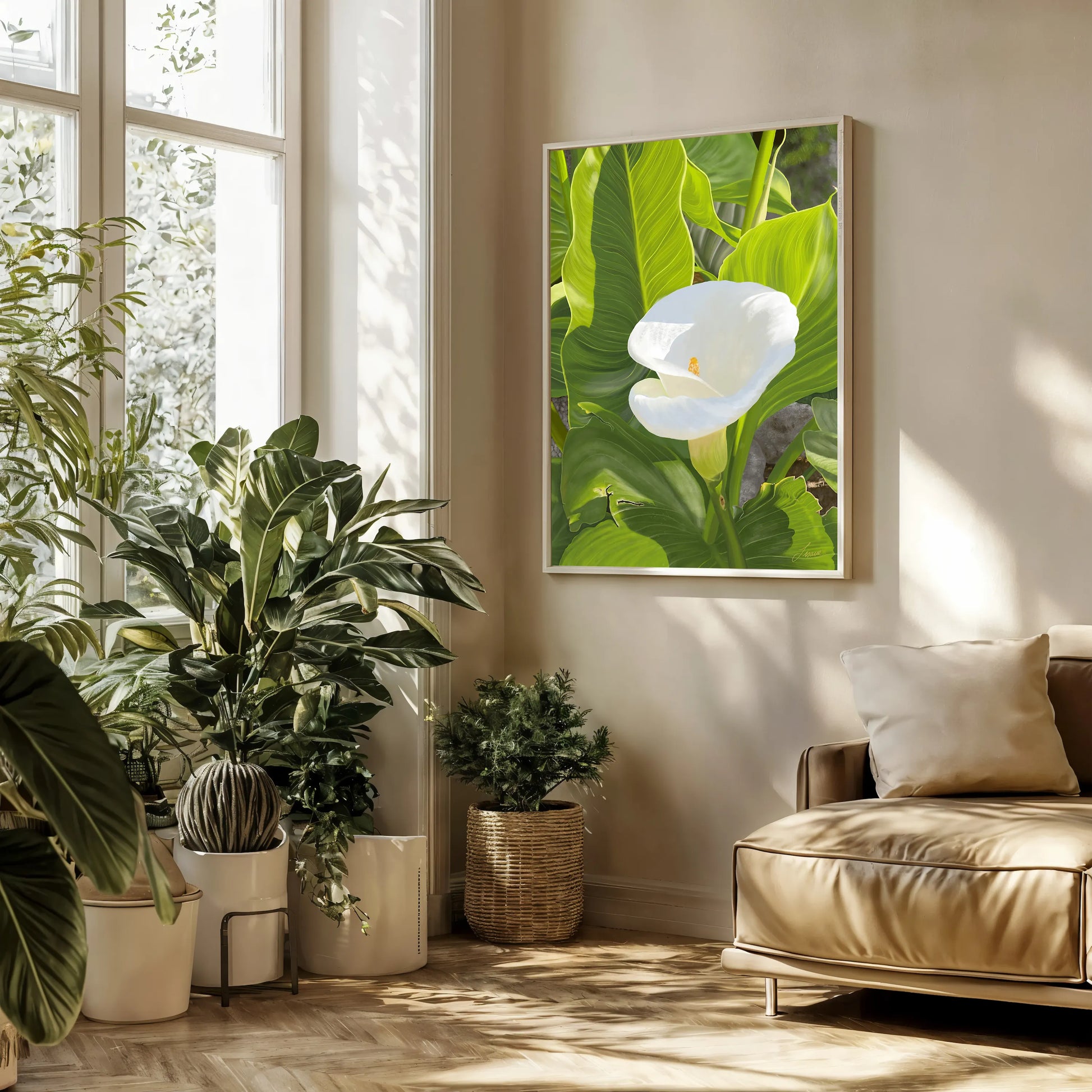 A sunlit living room with large windows, lush potted plants, and a tan leather sofa. On the wall hangs a hyper-realistic Calla Lily gallery-wrapped canvas surrounded by green leaves. Light streams in, creating a cozy, inviting atmosphere with natural decor elements.