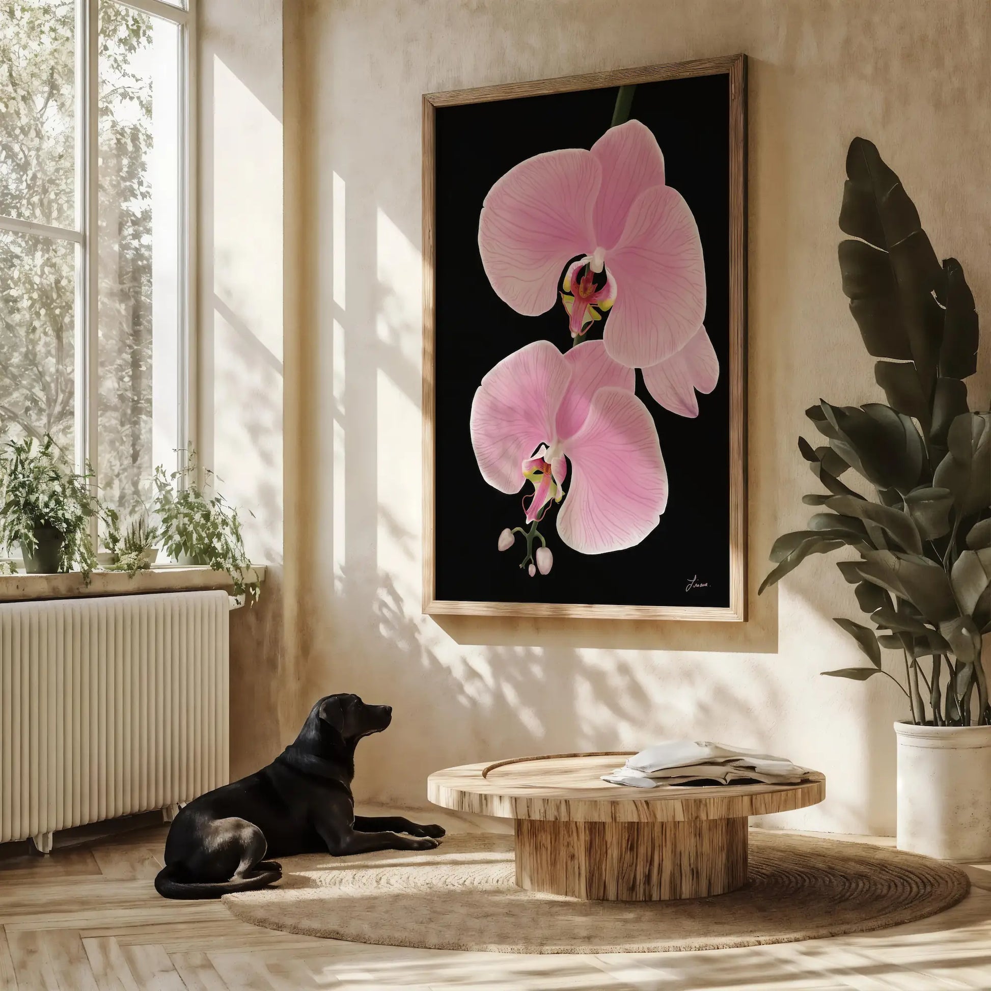 A black dog lies on a light wood floor in a sunlit room with large windows. Nearby, a round coffee table and premium canvas artwork, Midnight Bloom, featuring orchid flowers, decorate the beige wall. A tall green plant stands in the corner.