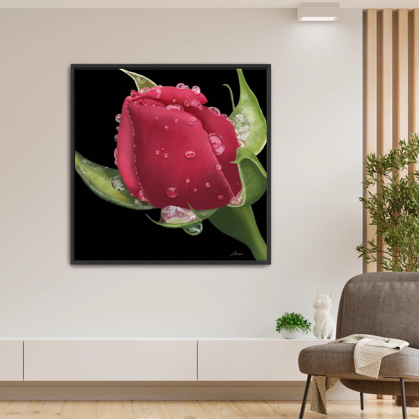 Elegant living room styled with a bold red rose canvas art by Lisane Art, covered in dewy raindrops and set against a dramatic black backdrop - enclosed in a sleek black floating frame for a contemporary style.