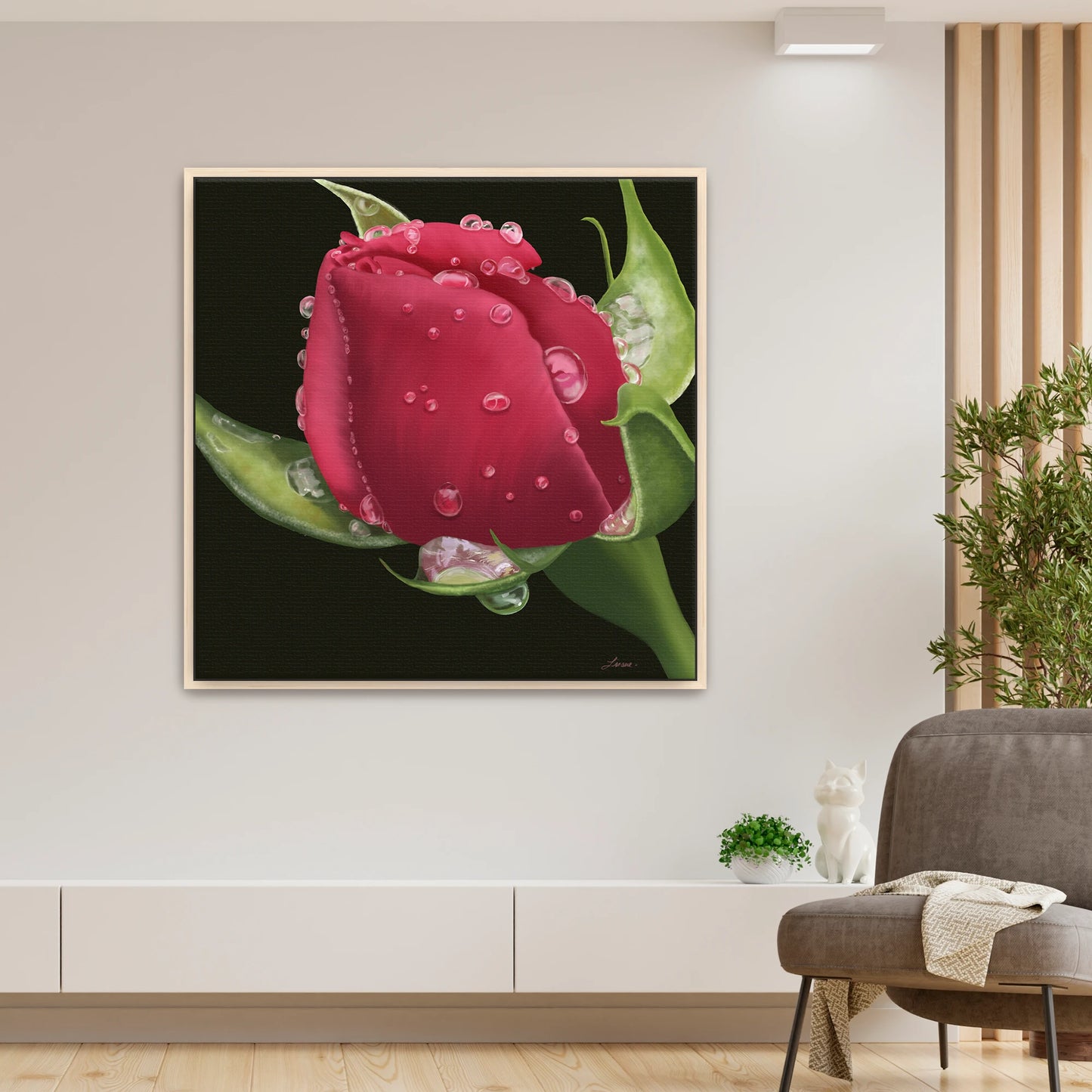 Elegant living room styled with a bold red rose canvas art by Lisane Art, covered in dewy raindrops and set against a dramatic black backdrop - framed in natural maple wood for a warm, organic touch.