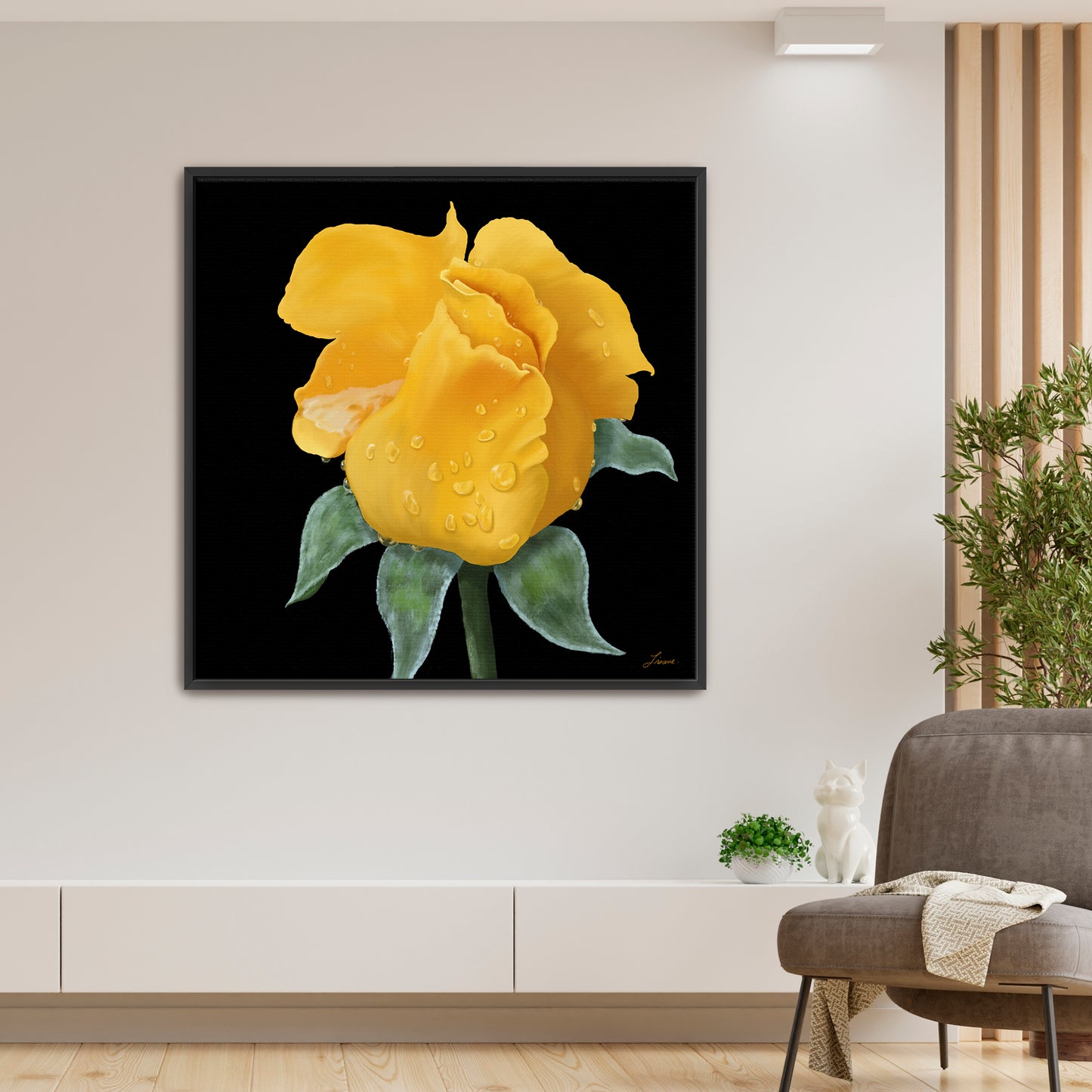 Modern living room featuring a striking yellow rose canvas art by Lisane Art, covered in delicate raindrops and set against a dramatic black background - enclosed in a sleek black floating frame for a contemporary style.