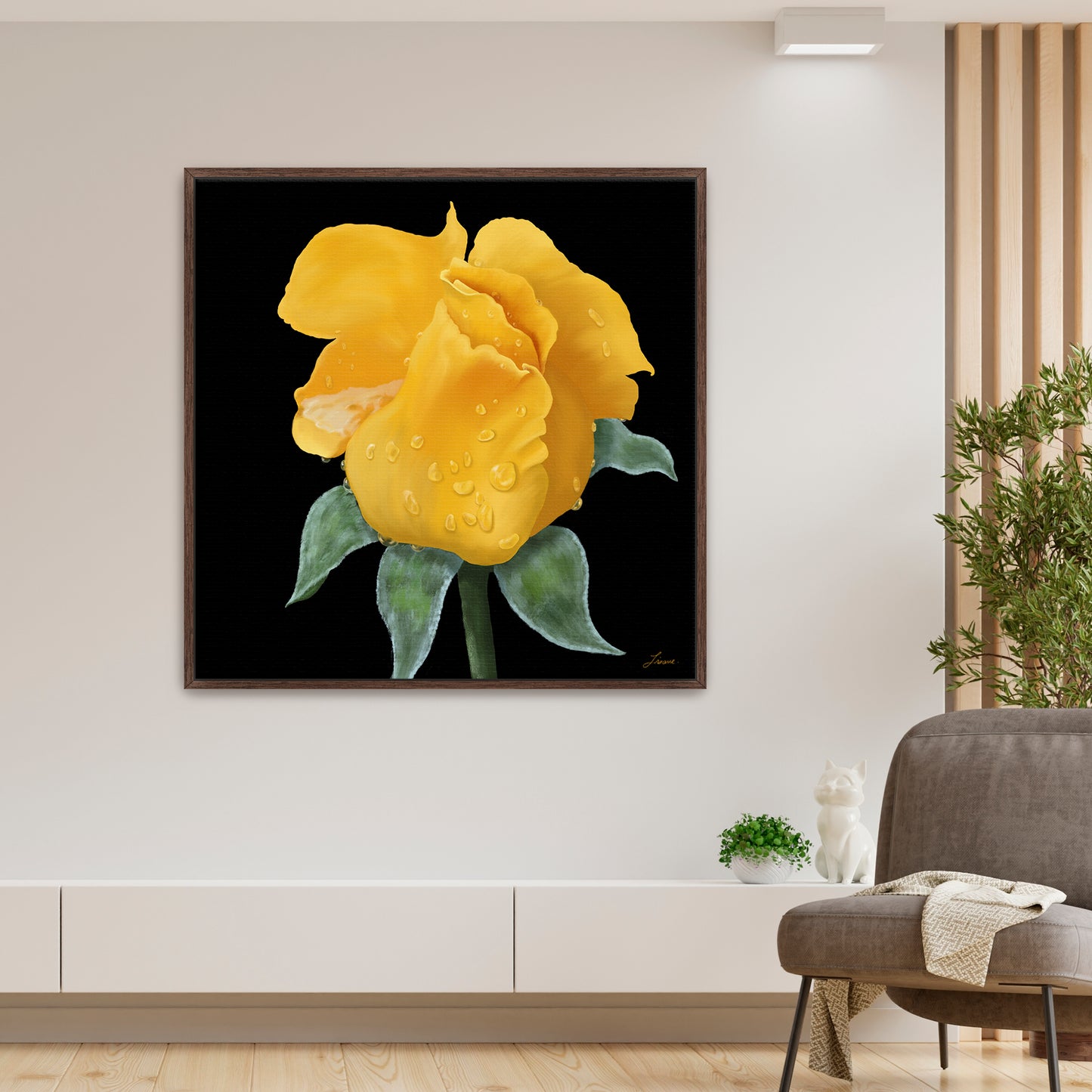 Modern living room featuring a striking yellow rose canvas art by Lisane Art, covered in delicate raindrops and set against a dramatic black background - framed in a deep espresso floating frame, adding rich sophistication.