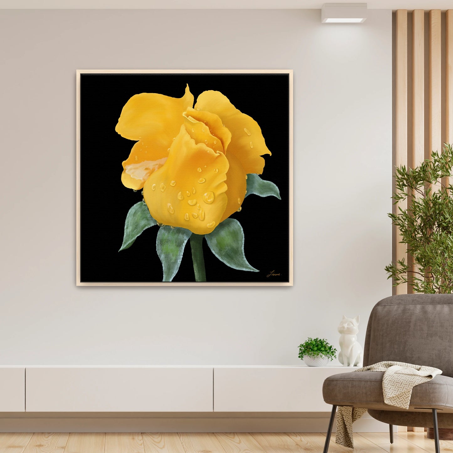 Modern living room featuring a striking yellow rose canvas art by Lisane Art, covered in delicate raindrops and set against a dramatic black background - framed in natural maple wood for a warm, organic touch.