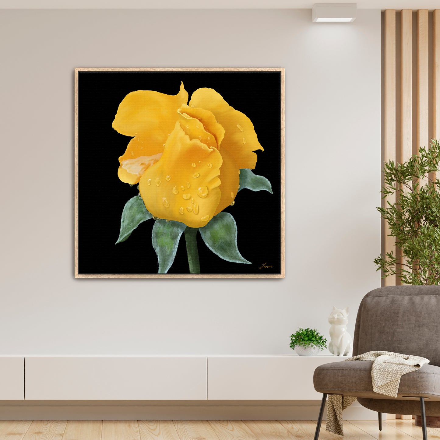 Modern living room featuring a striking yellow rose canvas art by Lisane Art, covered in delicate raindrops and set against a dramatic black background - set in a rich floating frame, blending nature and elegance.