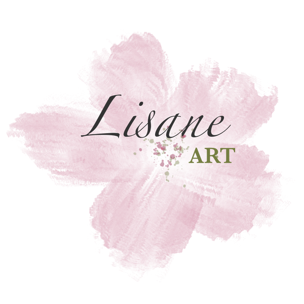 Lisane Art logo showcasing a pink watercolor flower with soft, organic edges. The store name “Lisane Art” appears in an elegant serif font—dark grey for ‘Lisane’ and olive green for ‘Art’—conveying a refined and nature-inspired aesthetic.