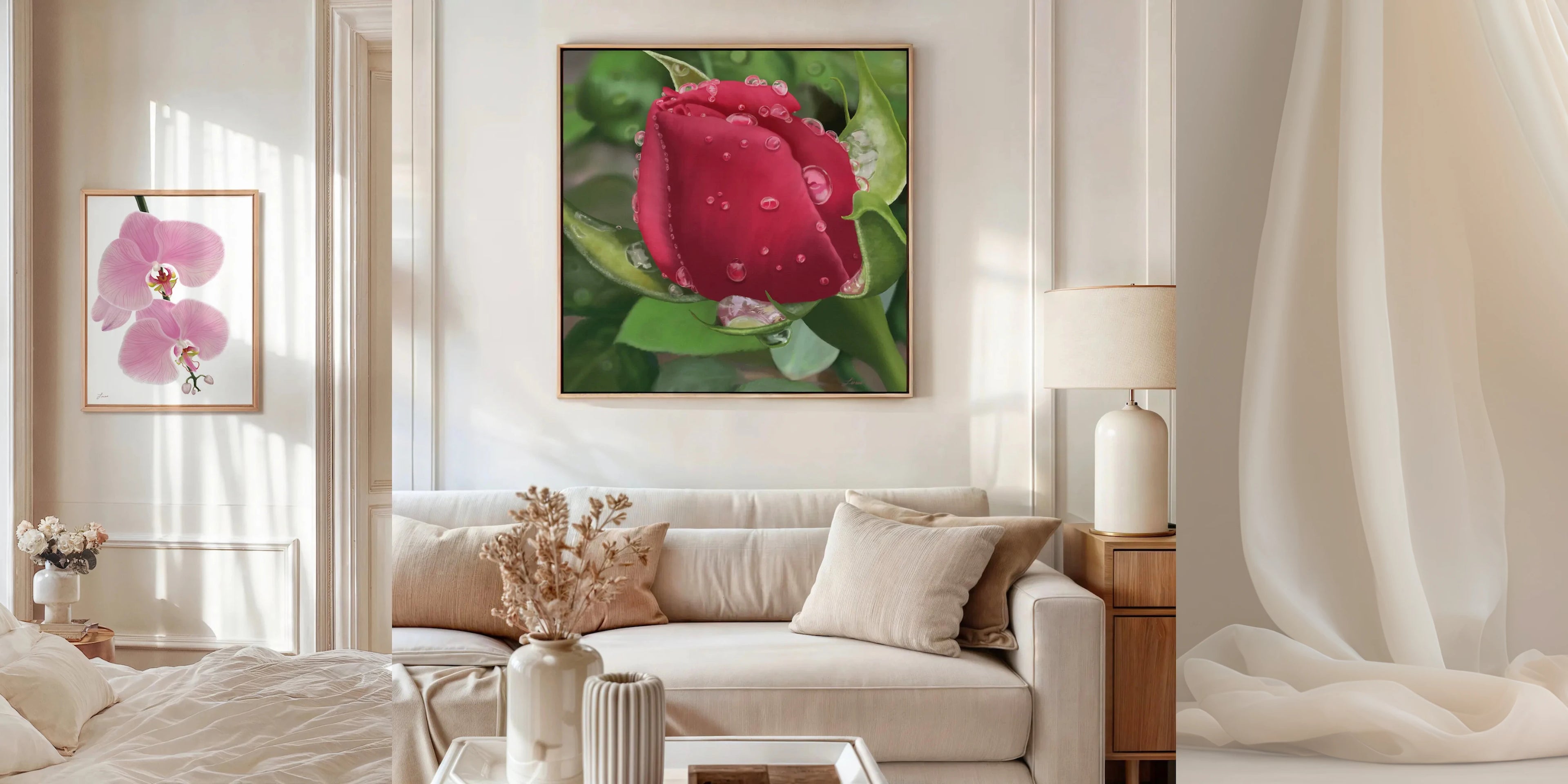 Luxury canvas wall art displayed in refined home interiors. Cotton Candy, a soft pink orchid print, adds elegance to a cream-toned bedroom, while True Love, a dramatic red rose canvas with raindrops and lush greenery, enhances a sophisticated cream living room with natural wood accents.