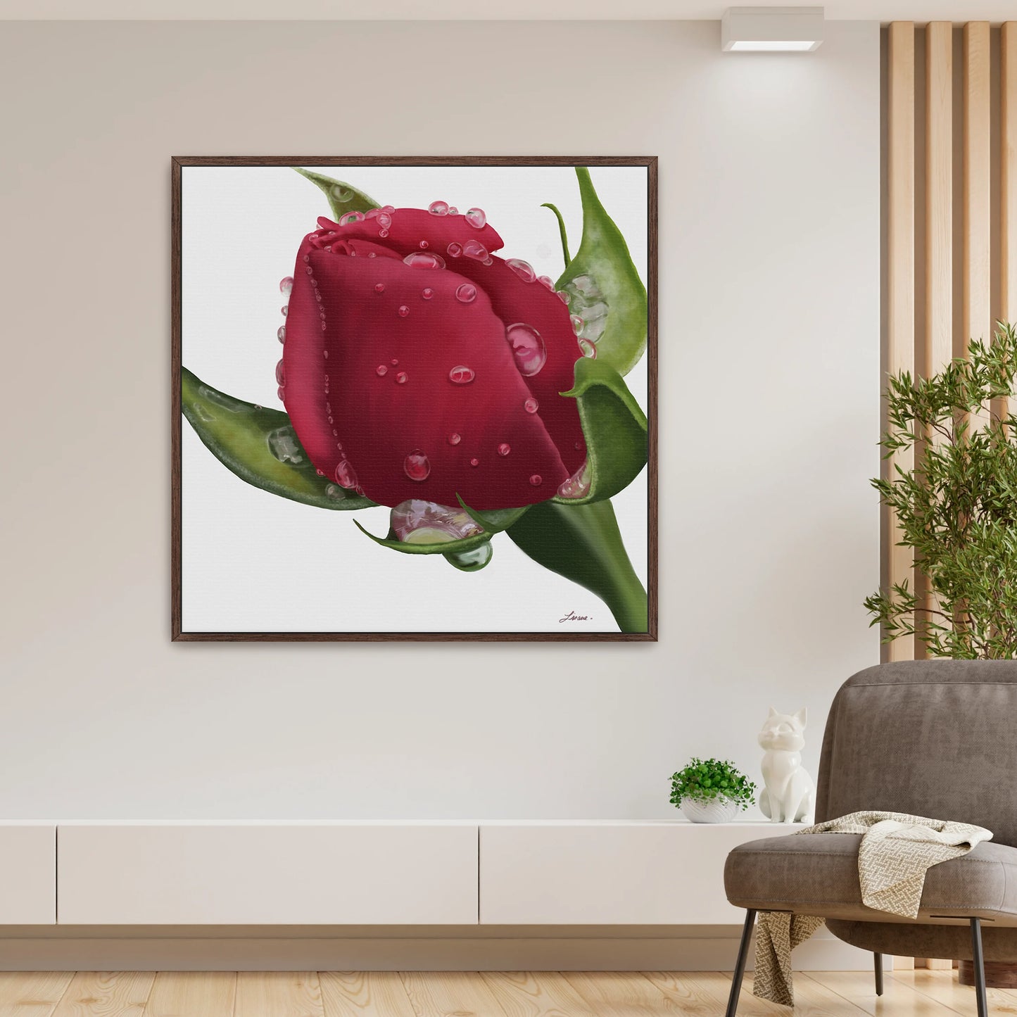 Bright, modern living space showcasing a vibrant red rose canvas art by Lisane Art, kissed by raindrops and glowing against a clean white background - framed in a deep espresso floating frame, adding rich sophistication.