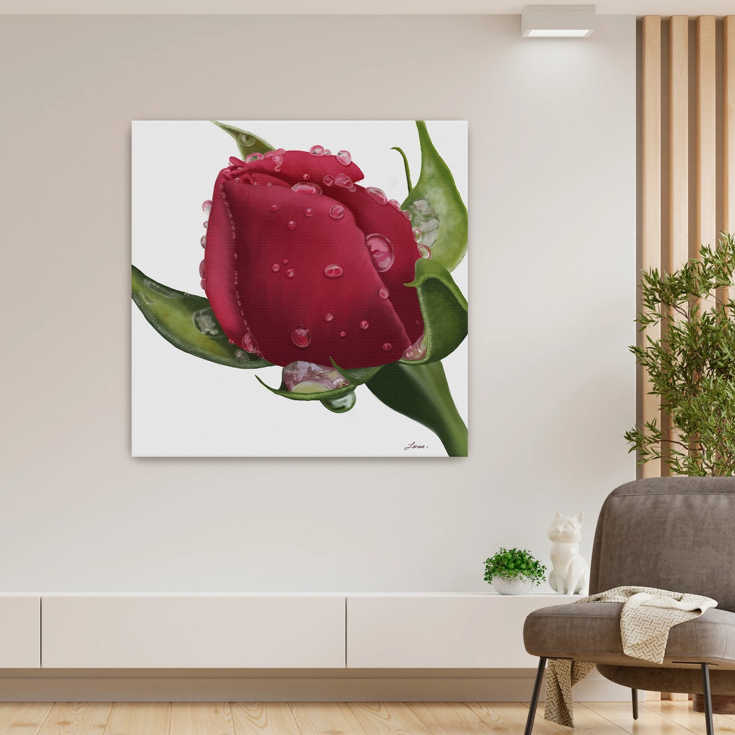 Bright, modern living space showcasing a vibrant red rose canvas art by Lisane Art, kissed by raindrops and glowing against a clean white background - displayed as a gallery-wrapped unframed canvas.