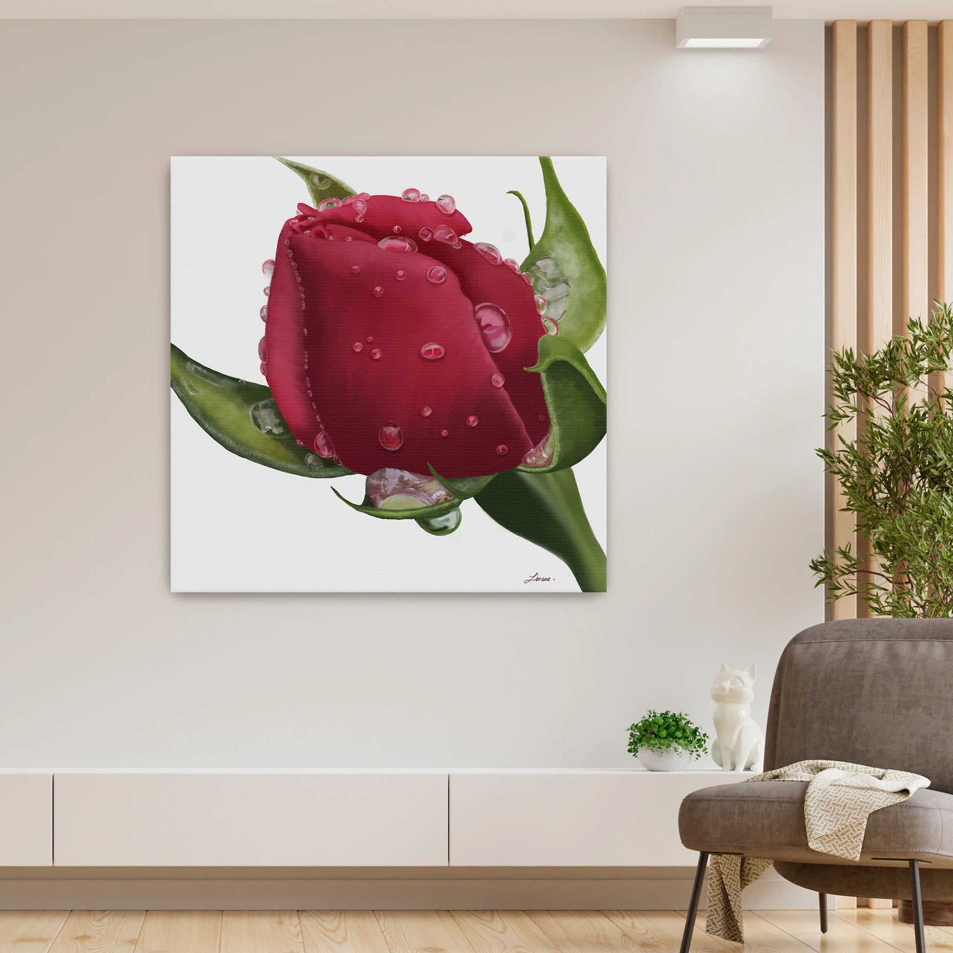 Bright, modern living space showcasing a vibrant red rose canvas art by Lisane Art, kissed by raindrops and glowing against a clean white background - displayed as a gallery-wrapped unframed canvas.