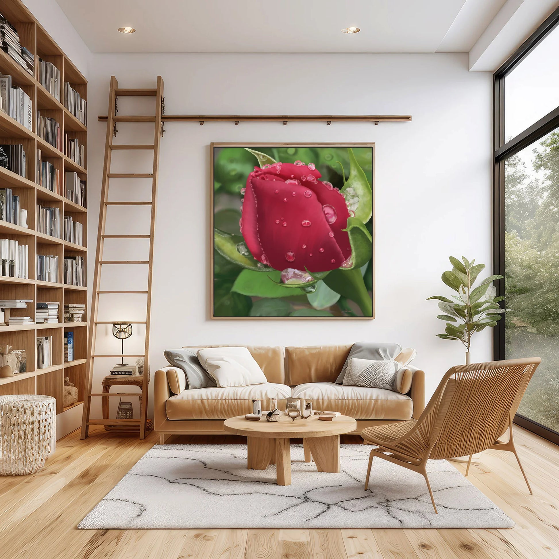 A modern living room with a tan sofa, white pillows, a round wooden coffee table, and a wicker chair. Romantic wall art—a premium gallery-wrapped canvas of a red rose bud with water droplets—adds charm above bookshelves and large windows.