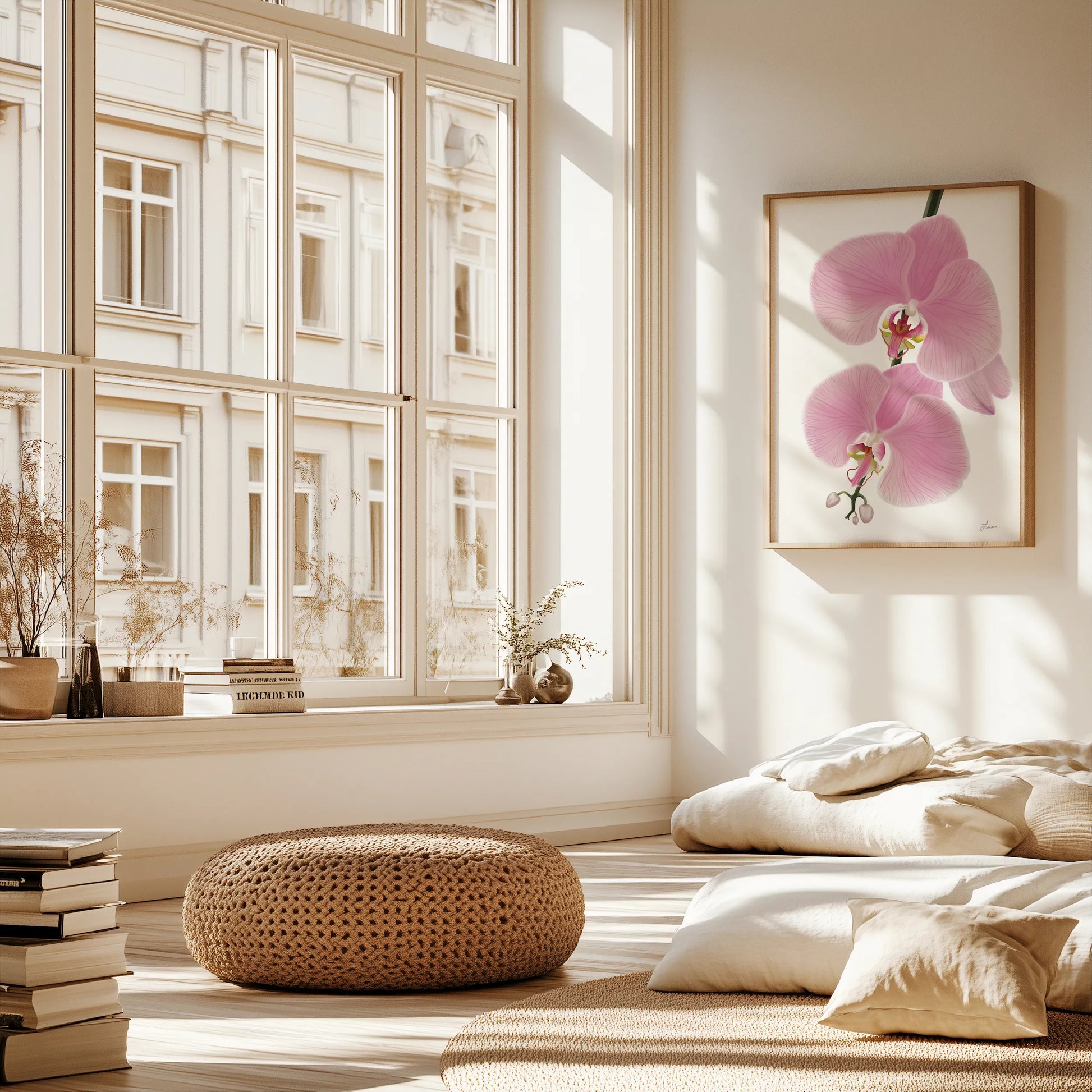 A sunlit, minimalist room with large windows, beige cushions on the floor, a round woven ottoman, stacked books, and a framed painting of pink orchid flowers on the wall. Floating wood frame options enhance the cozy and serene atmosphere.