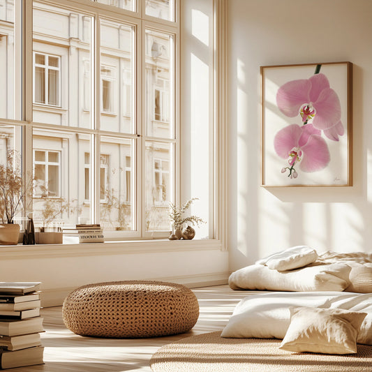 A sunlit, minimalist room with large windows, beige cushions on the floor, a round woven ottoman, stacked books, and a framed painting of pink orchid flowers on the wall. Floating wood frame options enhance the cozy and serene atmosphere.