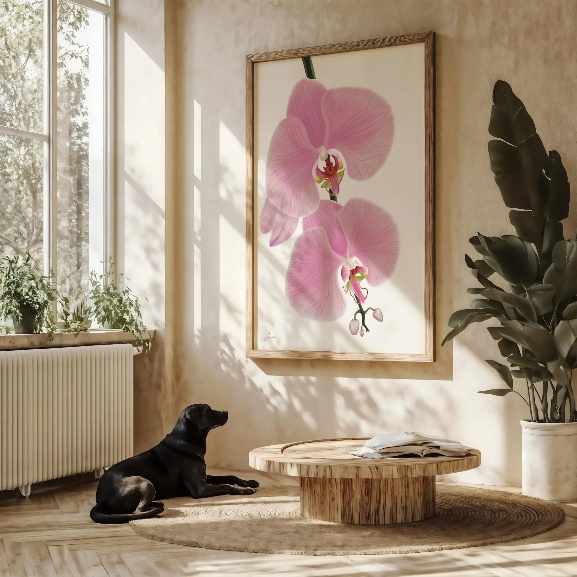 A black dog lies on a wooden floor in a sunlit room with large windows. A gallery-wrapped canvas of pink orchid flowers hangs above a round coffee table, while leafy plants and floating wood frame options add to the tranquil, inviting space.