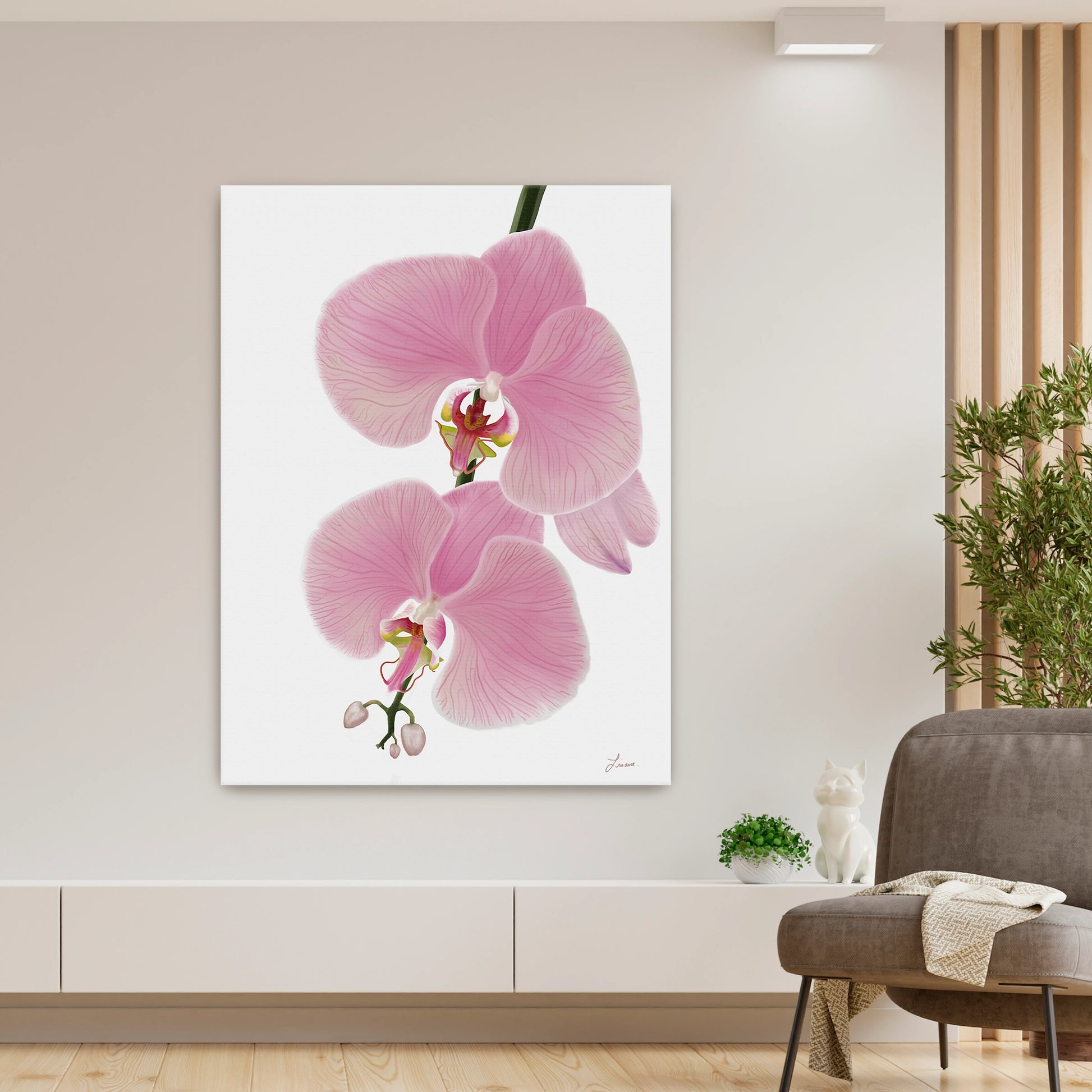 Fresh, modern living space showcasing a vibrant pink orchid canvas art by Lisane Art, with blossoms flowing leftward against a clean white background - displayed as a gallery-wrapped canvas.