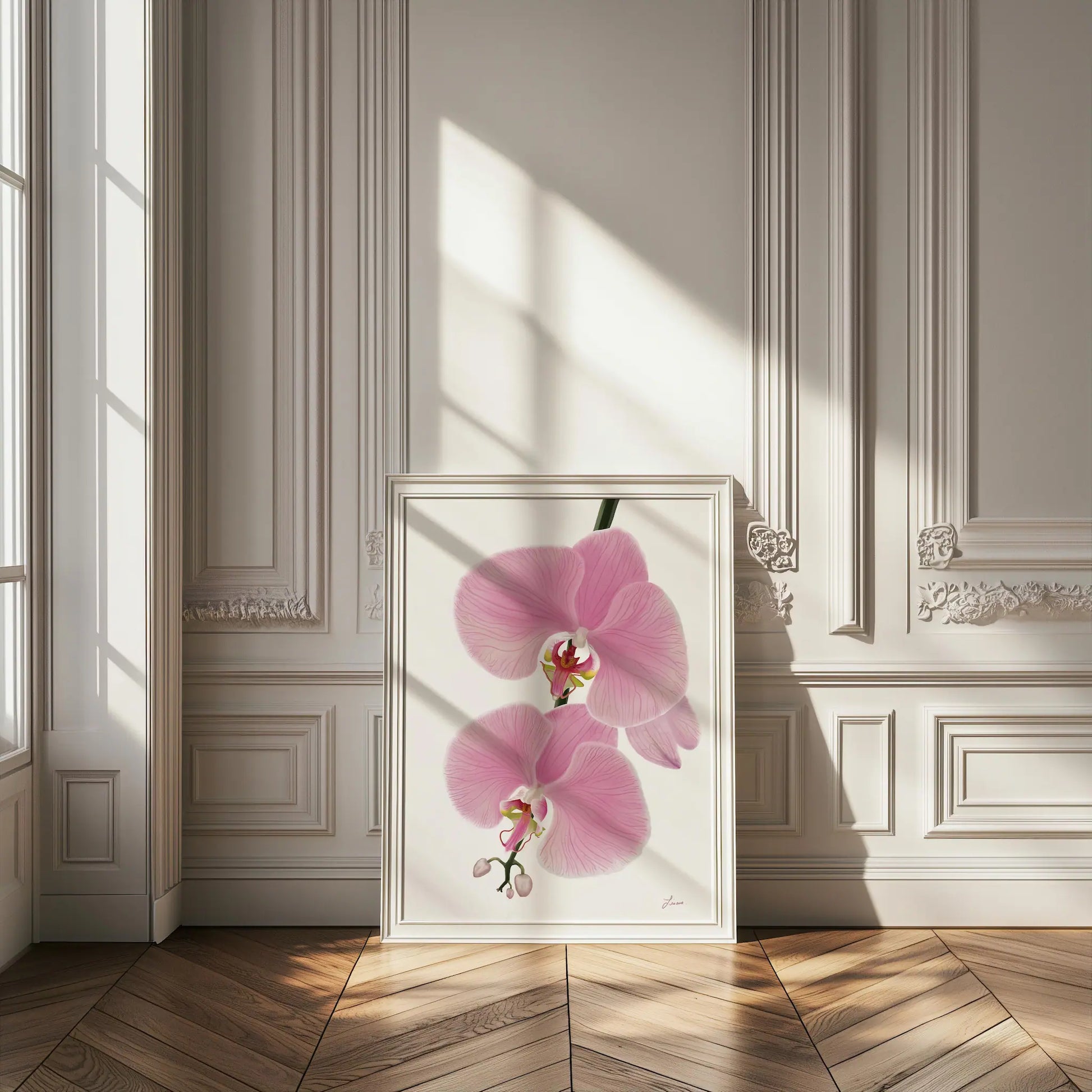 A framed print of pink orchid flowers rests against an ornate white wall in a sunlit room. Shadows from tall windows fall across the wooden herringbone floor, creating a bright and elegant atmosphere with floating wood frame options available.