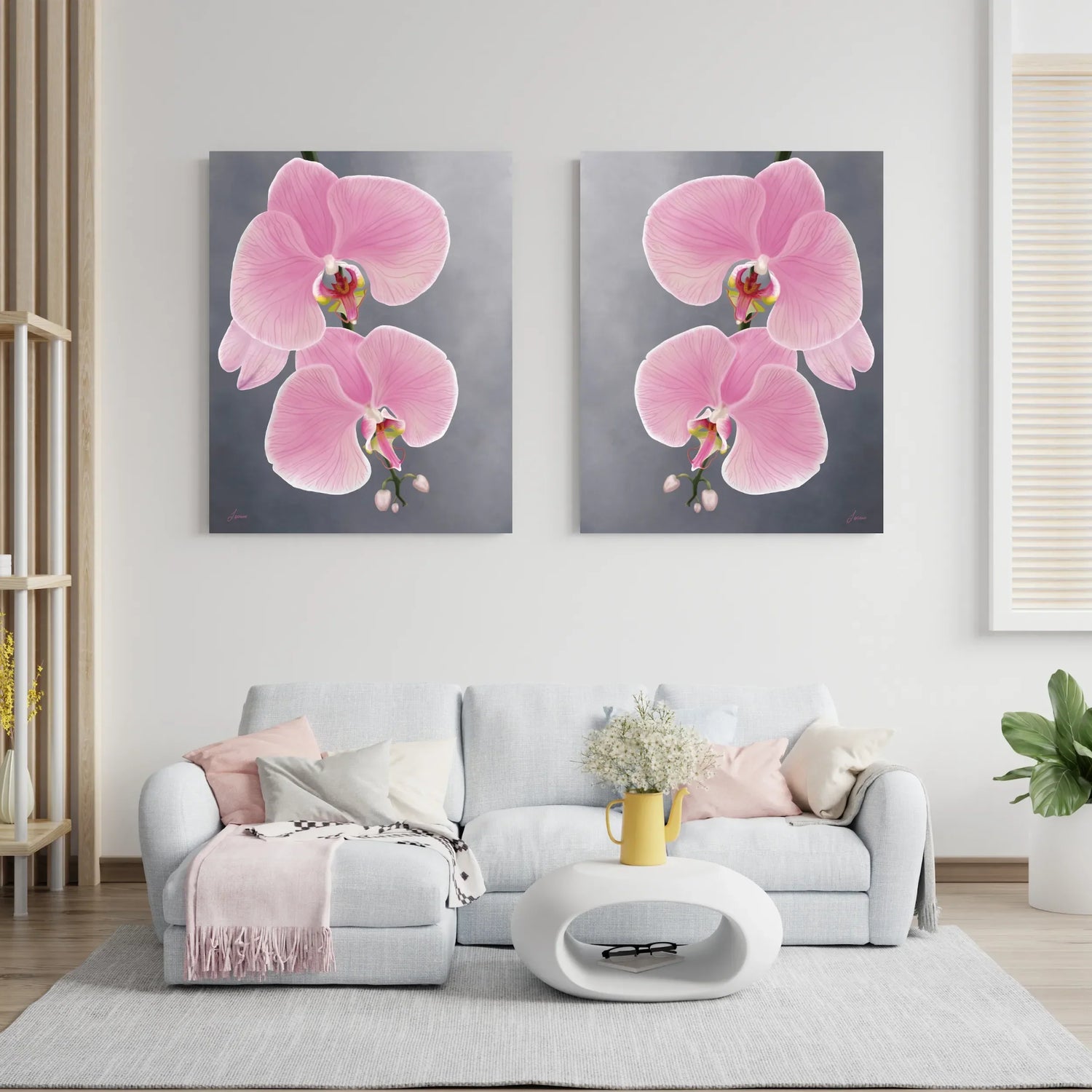 My Sweet Daughter Fine Art Collection - A modern living room with a light grey sofa, pastel pillows, a pink throw, a white coffee table with a yellow vase of flowers, and two large orchid canvas art on the wall above.