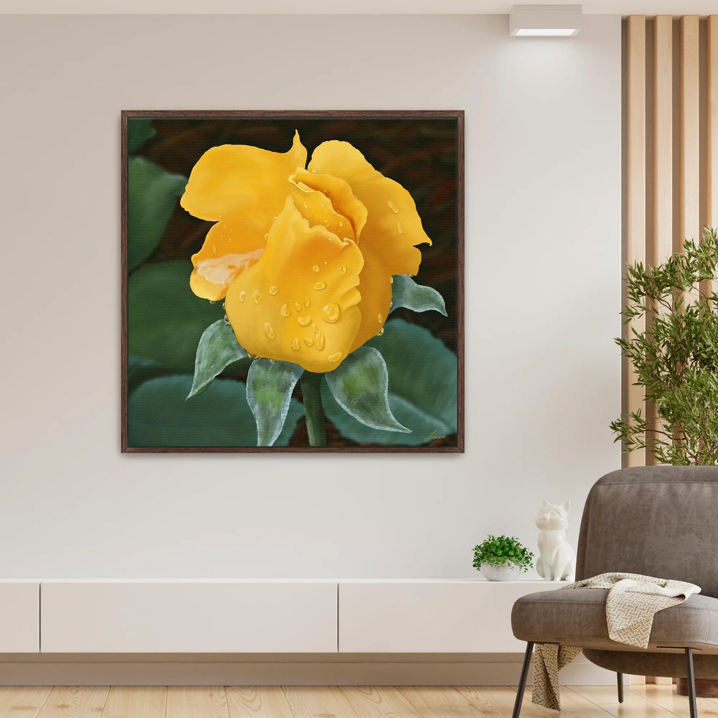 Modern living room showcasing a lively yellow rose canvas art by Lisane Art, sparkling with raindrops and surrounded by lush green foliage - framed in a deep espresso floating frame, adding rich sophistication. 