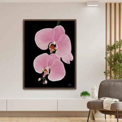 Modern living room styled with a striking pink orchid canvas art by Lisane Art, with radiant blooms reaching to the left against a bold black background - framed in a deep espresso finish for a bold, sophisticated touch. 