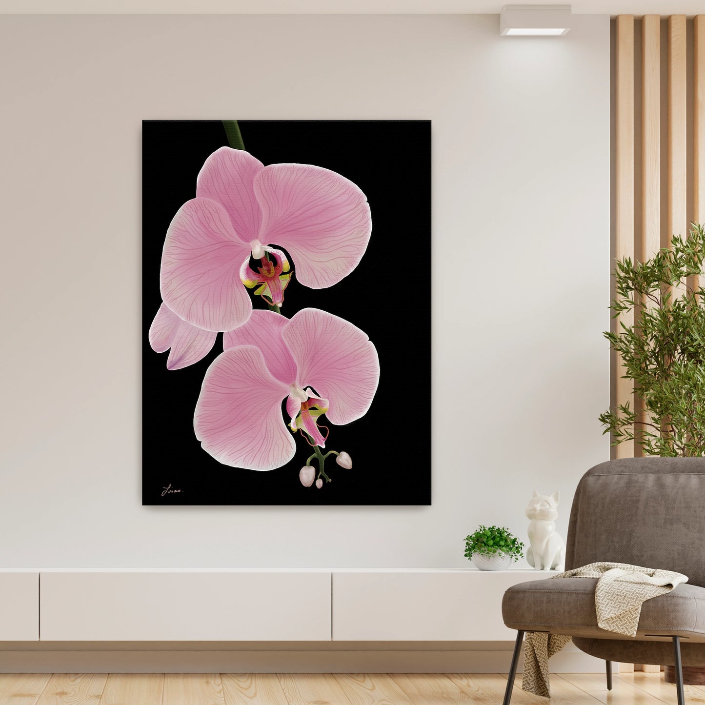 Modern living room styled with a striking pink orchid canvas art by Lisane Art, with radiant blooms reaching to the rigth against a bold black background - displayed as a gallery-wrapped unframed canvas.