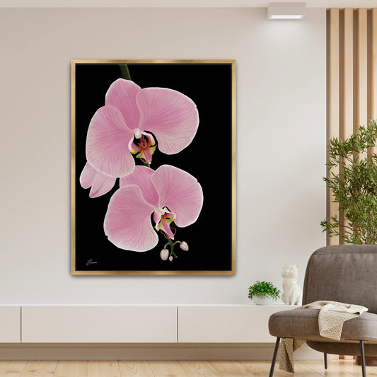 Modern living room styled with a striking pink orchid canvas art by Lisane Art, with radiant blooms reaching to the right against a bold black background - elegantly framed in a luxurious gold floating frame. 