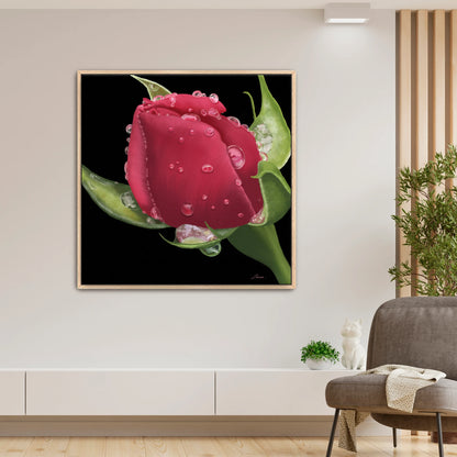 Elegant living room styled with a bold red rose canvas art by Lisane Art, convered in dewy raindrops and set against a dramatic black backdrop - set in a rich oak floating frame, blending nature and elegance.