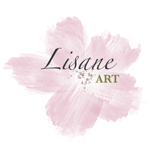 Lisane Art logo showcasing a pink watercolor flower with soft, organic edges. The store name “Lisane Art” appears in an elegant serif font—dark grey for ‘Lisane’ and olive green for ‘Art’—conveying a refined and nature-inspired aesthetic.