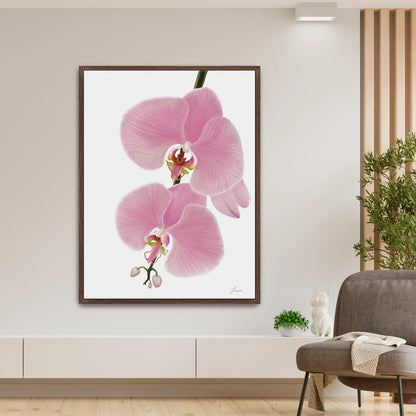 Fresh, modern living space showcasing a vibrant pink orchid canvas art by Lisane Art, with blossoms flowing leftward against a clean white background - framed in a deep espresso finish for a bold, sophisticated touch. 