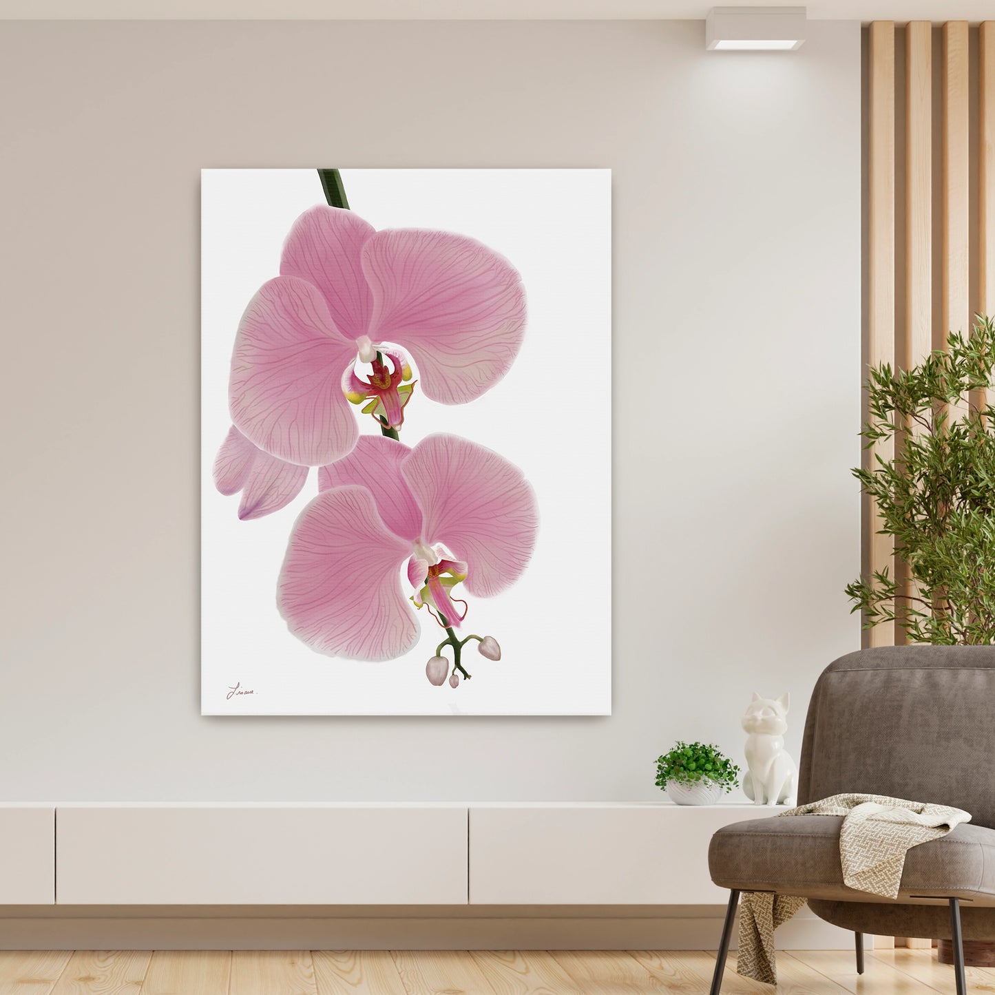 Fresh, modern living space showcasing a vibrant pink orchid canvas art by Lisane Art, with blossoms flowing rightward against a clean white background - displayed as a gallery-wrapped canvas.