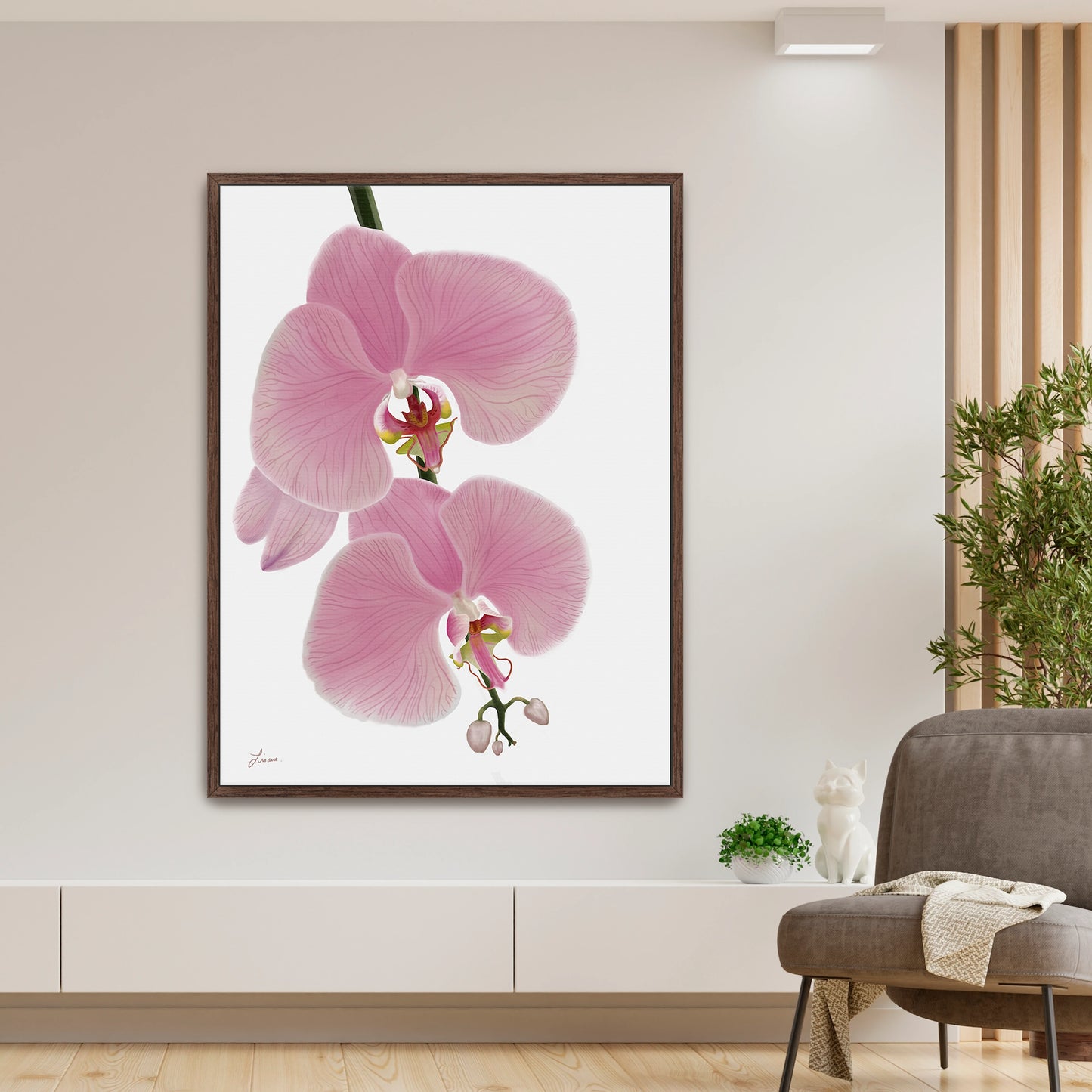 Fresh, modern living space showcasing a vibrant pink orchid canvas art by Lisane Art, with blossoms flowing rightward against a clean white background - framed in a deep espresso finish for a bold, sophisticated touch. 